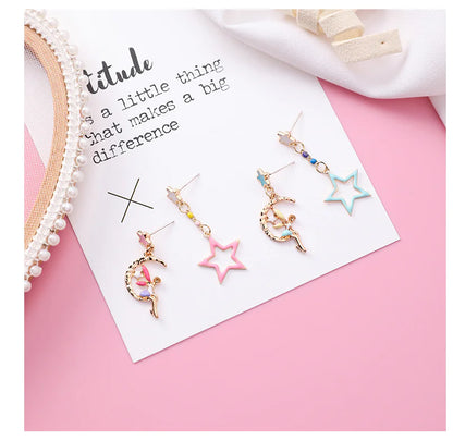 Asymmetric Earrings with Star and Moon Design in Pink