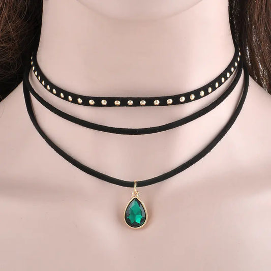 Three-Layer Water Drop Pendant with Short Leather Choker