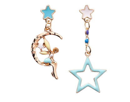 Asymmetric Earrings with Star and Moon Design in Pink