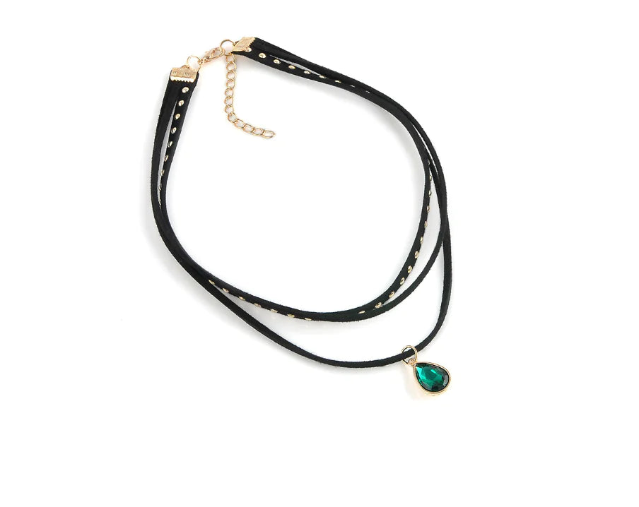 Three-Layer Water Drop Pendant with Short Leather Choker